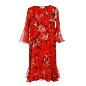 Fuzzi Womens Red Floral Shift Party Dress w/ Ruffle Bell Sleeves Sz M
